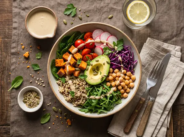 Bowl com grão-de-bico, batata-doce e abacate