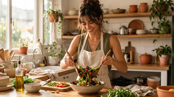 Olívia preparando salada na cozinha