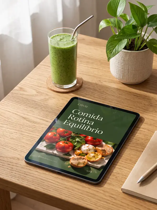 Tablet com o e-book sobre a mesa ao lado de um suco verde