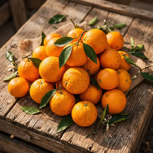 Laranjas com folhas sobre a mesa de madeira