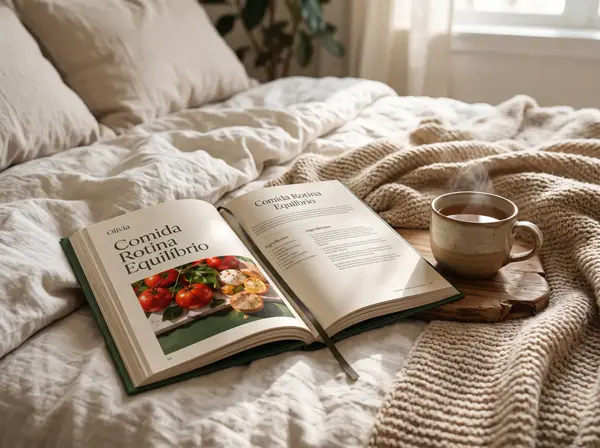 Livro aberto e xícara de chá sobre a cama
