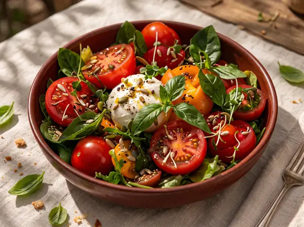 Salada de tomate, burrata e manjericão