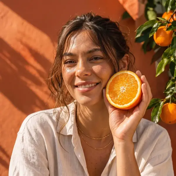 Olívia sorrindo para a câmera com meia laranja junto ao rosto