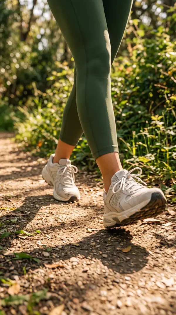 Pés de tênis caminhando em trilha